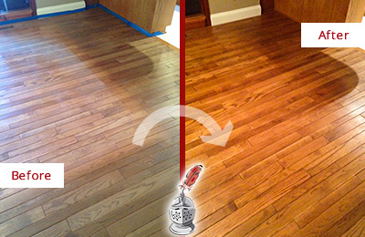 Sir Grout Refinished This Dull Marana Wood Floor with a Sand Free Refinishing Service to Recover Its Sheen Before and After Picture of a Marana Wood Sand Free Refinishing Service on a Dull Floor to Recover Its Sheen