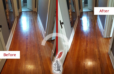 Sir Grout Refinished This Marana Wood Floor with a Sand Free Refinishing Service to Eliminate Scratches Before and After Picture of a Marana Wood Sand Free Refinishing Service on a Floor to Eliminate Scratches