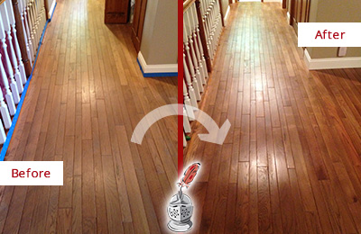 Sir Grout Refinished This Worn Out Marana Wood Floor with a Sand Free Refinishing Service Before and After Picture of a Marana Wood Sand Free Refinishing Service on a Worn Out Floor