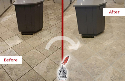 Before and After Picture of a Kitchen Tile Floor Regrouted to Remove Soil