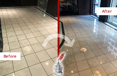 Sir Grout Tucson Stone Services Help Maintain, Clean, and Polish Building Lobbies and Commercial Offices Stone Surfaces Picture of a Building Marble Entrance Floor Before and After Stone Restoration, Cleaning and Polishing