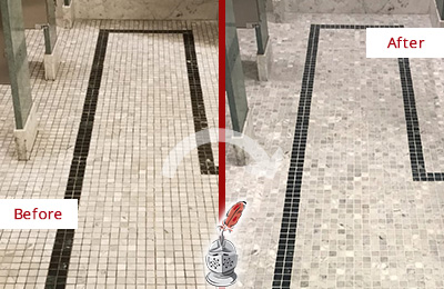 Sir Grout Tucson Stone Cleaning Services Can Help Repair the Look of this Grimy Hospital's Restroom Before and After Picture of a Hospital Travertine Bathroom Floor Stone Cleaning Service