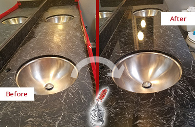 Sir Grout Tucson Stone Services Are Ideal for Enhancing Restrooms Marble Countertops and Keep Them Perfect All Year Round Picture of an Office Restroom's Marble Countertop Before and After Color Enhancement and Restoration