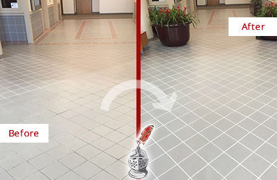 Picture of a Lobby Tile Floor Before and After a Grout Repair
