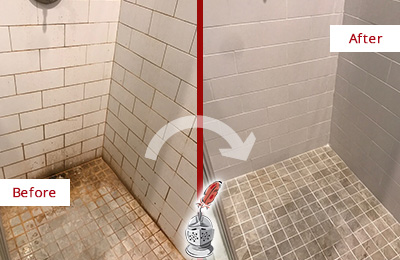 Before and After Picture of a Sahuarita Shower Tile and Grout Cleaned to Eliminate Mold and Stains