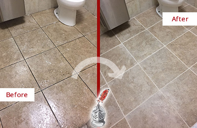 Sir Grout Cleans this Vail Restroom Tile and Grout to Remove Soil Before and After Picture of a Vail Restroom Tile and Grout Cleaned to Remove Soil