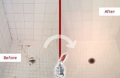 Before and After Picture of a Catalina Bathroom Re-Caulked To Repair Damaged Caulking