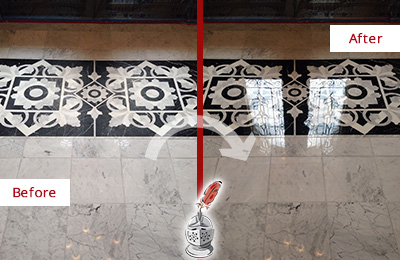 Before and After Picture of a Picture Rocks Marble Stone Floor Polished to a Mirror Shine