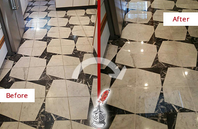 Sir Grout Polishes this Dull Tanque Verde Marble Stone Floor To Recover Its Luster Before and After Picture of a Dull Tanque Verde Marble Stone Floor Polished To Recover Its Luster