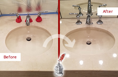 Sir Grout Polishes this Dull Tanque Verde Marble Stone Vanity Top to Bring-Back Its Sheen Before and After Picture of a Dull Tanque Verde Marble Stone Vanity Top Polished to Bring-Back Its Sheen