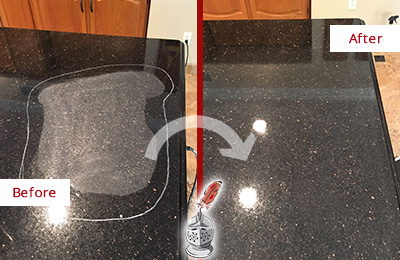 Before and After Picture of a Marana Granite Stone Countertop Polished to Remove Scratches