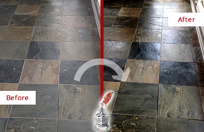 Sir Grout Seals this Dull Oro Valley Slate Floor to Bring Back Its Colors Before and After Picture of a Dull Oro Valley Slate Floor Sealed to Bring Back Its Colors