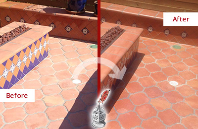 Sir Grout Seals this Dull Oro Valley Terracotta Patio Floor For UV Protection Before and After Picture of a Dull Oro Valley Terracotta Patio Floor Sealed For UV Protection