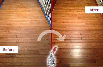 Sir Grout Restored This Dull Tucson Hallway Floor with a Deep Cleaning Service Before and After Picture of a Tucson Wood Deep Cleaning Service on a Dull Hallway