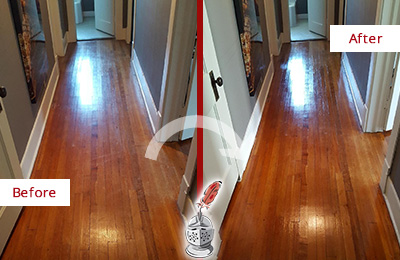 Before and After Picture of a Picture Rocks Wood Deep Cleaning Service on a Floor to Eliminate Scratches