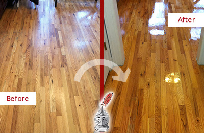 Sir Grout Restored This Worn Out Tucson Hallway Floor with a Deep Cleaning Service Before and After Picture of a Tucson Wood Deep Cleaning Service on a Worn Out Hallway