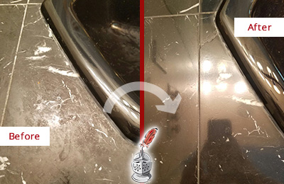 Before and After Picture of a Sahuarita Marble Countertop Cleaned to Remove Deep Dirt