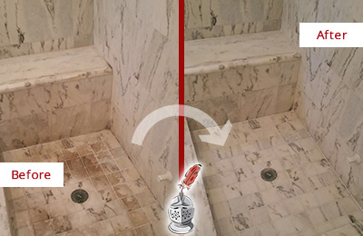 Sir Grout Cleans this Dirty Tucson Marble Shower to Eliminate Dark Stains Before and After Picture of a Dirty Tucson Marble Shower Cleaned to Eliminate Dark Stains
