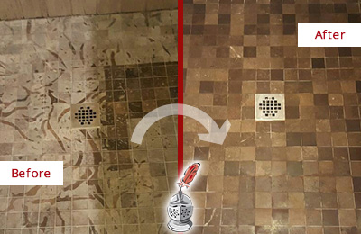 Sir Grout Cleans this Stained Tucson Shower Marble Floor to Remove Etch Marks Before and After Picture of a Stained Tucson Marble Shower Floor Cleaned to Remove Etching