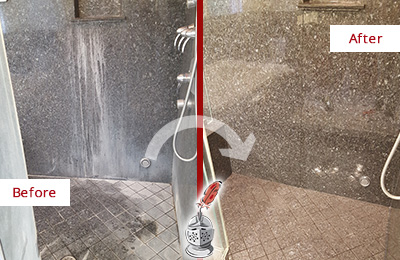 Sir Grout Cleans this Tucson Granite Shower to Remove Mineral Deposits Before and After Picture of a Tucson Granite Shower Cleaned to Remove Mineral Deposits