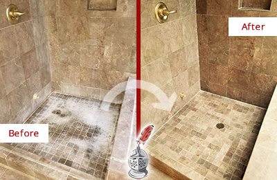 Sir Grout Cleans this Tucson Travertine Shower to Eliminate Water Spots Before and After Picture of a Tucson Travertine Shower Cleaned to Eliminate Water Spots