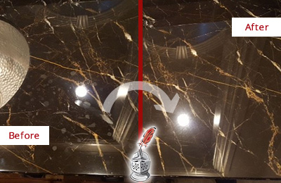 Before and After Picture of a Casas Adobe Marble Countertop Cleaned to Remove Water Spots