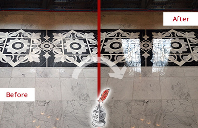 Sir Grout Seals the Stone of this Tucson Marble Floor to Recover Its Sheen Before and After Picture of a Tucson Marble Stone Sealed to Recover Its Sheen