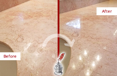 Sir Grout Seals this Tucson Marble Stone Vanity Top to to Avoid Water Marks Before and After Picture of a Tucson Marble Stone Vanity Top Sealed to Avoid Water Marks