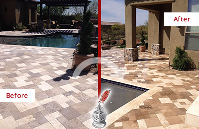 Sir Grout Seals the Stone of this Tucson Travertine Patio Stone for Extra Protection Before and After Picture of a Tucson Travertine Patio Sealed Stone for Extra Protection