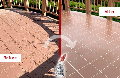 Before and After Picture of a Catalina Hard Surface Restoration Service on a Tiled Deck