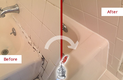 Before and After Picture of a Vail Hard Surface Restoration Service on a Tile Shower to Repair Damaged Caulking