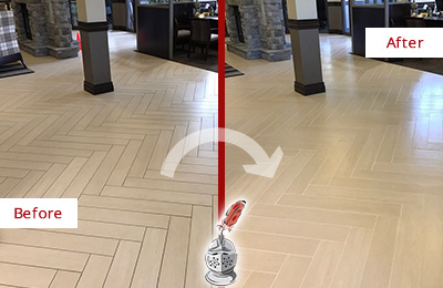 Sir Grout Restored This Vail Office Lobby Tile Floor to Remove Embedded Dirt Before and After Picture of a Vail Hard Surface Restoration Service on an Office Lobby Tile Floor to Remove Embedded Dirt