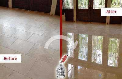 Sir Grout Restored This Vail Dull Travertine Floor to Recover Its Splendor with a Stone Polishing Service Before and After Picture of a Vail Hard Surface Restoration Service on a Dull Travertine Floor Polished to Recover Its Splendor