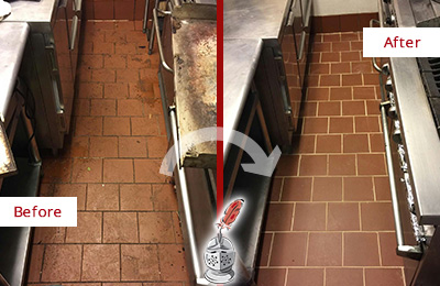 Before and After Picture of a Tanque Verde Hard Surface Restoration Service on a Restaurant Kitchen Floor to Eliminate Soil and Grease Build-Up
