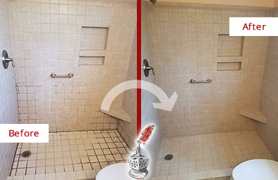 Before and After Picture of a Tanque Verde Shower Grout Cleaned to Remove Mold