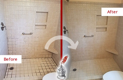 Sir Grout Cleans the Grout on this Picture Rocks Moldy Shower Before and After Picture of a Picture Rocks Shower Grout Cleaned to Remove Mold