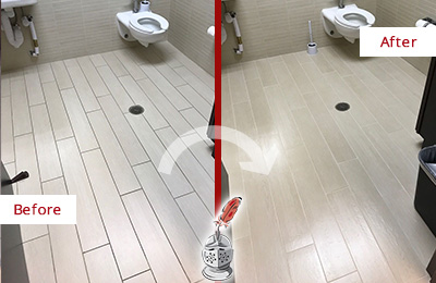 Before and After Picture of a Corona de Tucson Office Restroom's Grout Cleaned to Remove Dirt