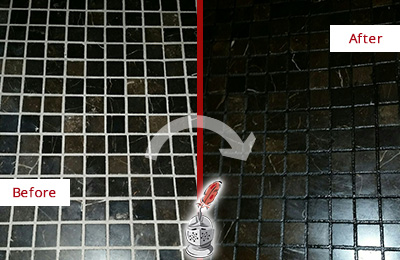 Sir Grout Recolored the Grout of this Marana Black Tile Floor Before and After Picture of a Marana Black Floor with Recolored Grout