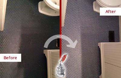 Before and After Picture of a Picture Rocks Blue Tile Floor Recolored Grout