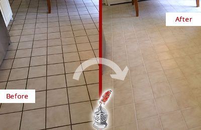 Before and After Picture of a Catalina Foothills Kitchen Tile Floor with Recolored Grout