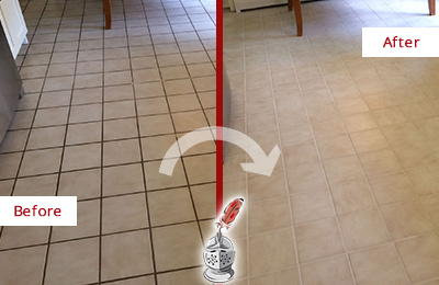 Sir Grout Recolors this Marana Kitchen Tile Floor's Grout Before and After Picture of a Marana Kitchen Tile Floor with Recolored Grout