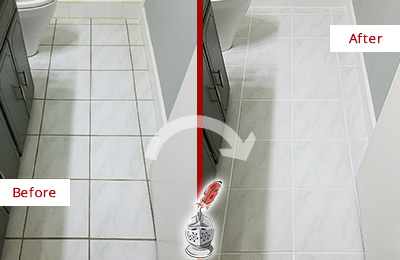 Before and After Picture of a Picture Rocks White Ceramic Tile with Recolored Grout
