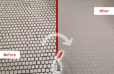 Sir Grout Recolors the Grout of this Marana White Mosaic Tile Before and After Picture of a Marana White Mosaic Tile Recolored Grout