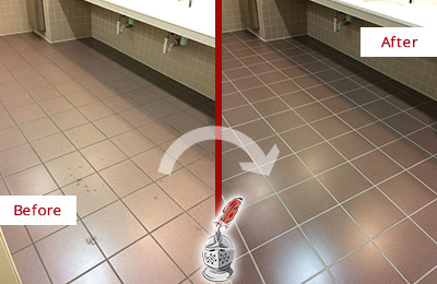 Sir Grout Seals the Grout on this Tucson Office Restroom to Refresh Its Look Before and After Picture of Dirty Tucson Office Restroom with Sealed Grout
