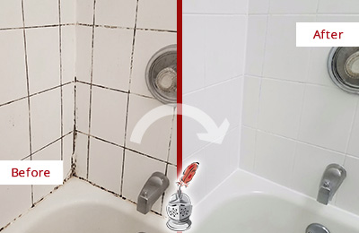 Sir Grout Seals the Grout to Eliminate Mold from this Tucson Tub Before and After Picture of a Tucson Tub with Sealed Grout to Eliminate Mold