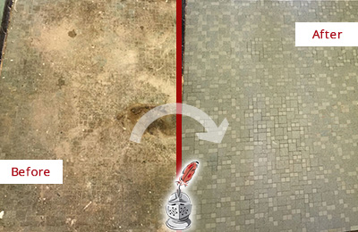 Sir Grout Cleans this Vail Mosaic Shower Cleaned to Eliminate Embedded Dirt Before and After Picture of a Vail Mosaic Shower Cleaned to Eliminate Embedded Dirt