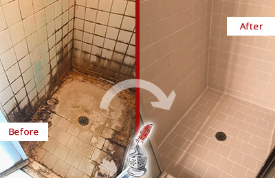 Sir Grout Cleans this Vail Ceramic Shower to Remove Grime Before and After Picture of a Vail Ceramic Shower Cleaned to Remove Grime