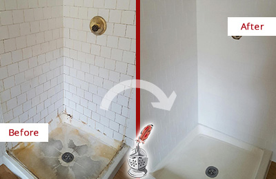 Sir Grout Cleans this Vail Shower Cleaned to Eliminate Mold Before and After Picture of a Vail Shower Cleaned to Eliminate Mold